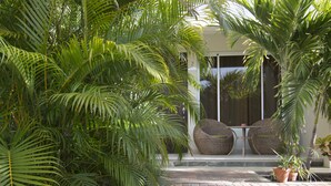 A patio area with a brick floor, two wicker chairs, and several potted plants. - Costa Esmeralda Village (Noord)
