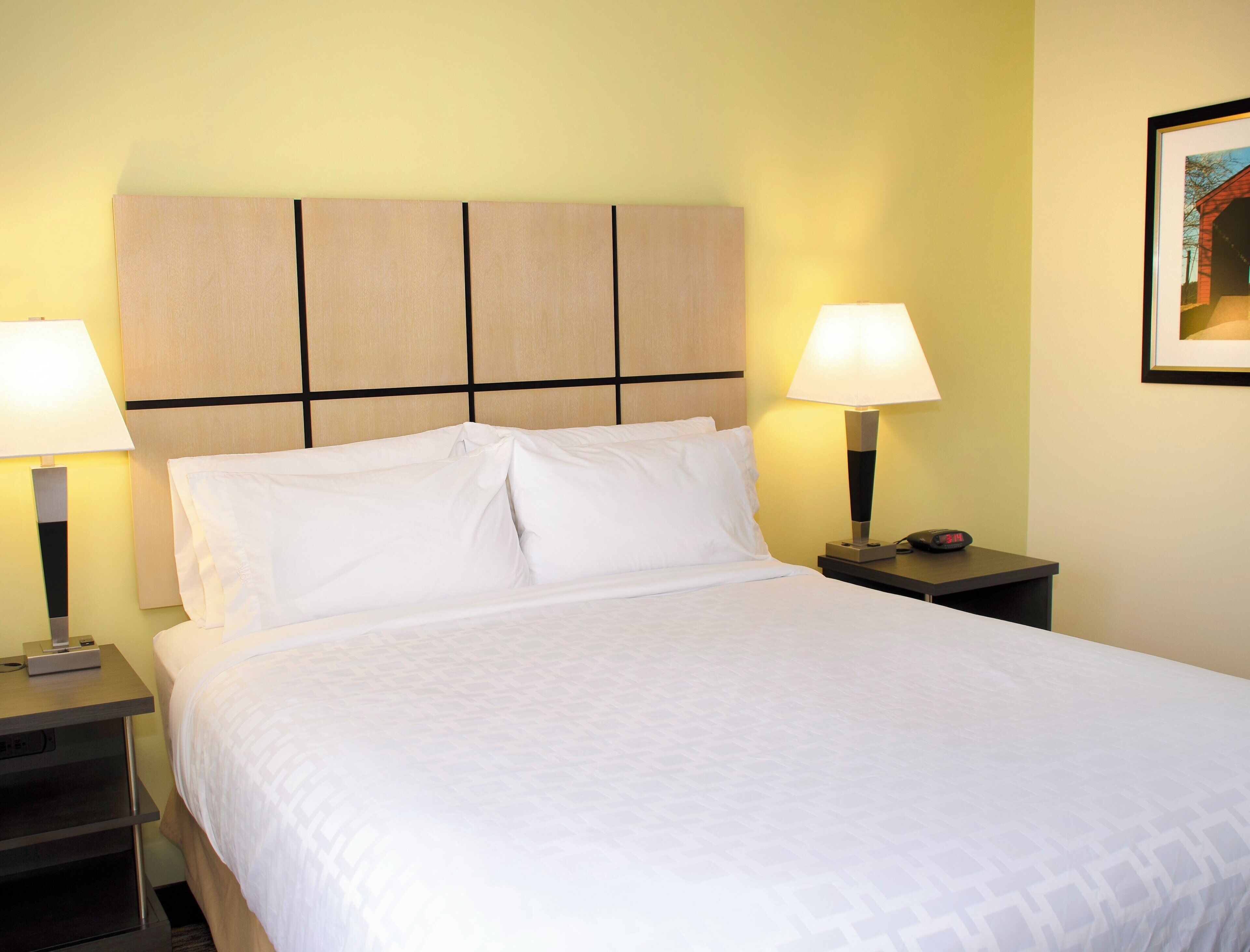 Una habitación de hotel con una cama, dos lámparas de noche, una mesita de noche y un cuadro en la pared.