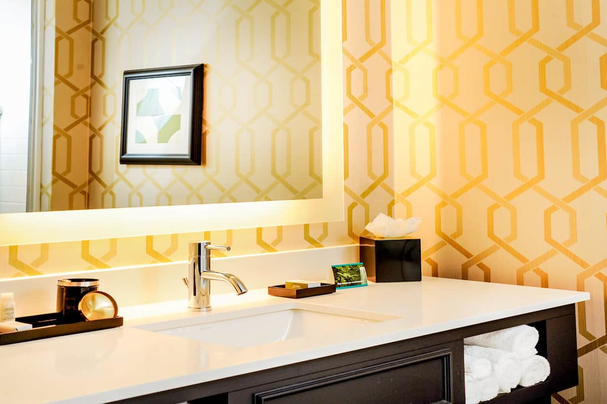 Dusch, gratis toalettartiklar, hårtork och handdukar