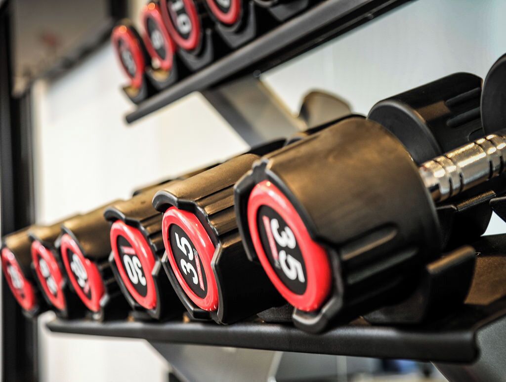 A row of dumbbells with red and black weight plates, each marked with numbers indicating their weight.