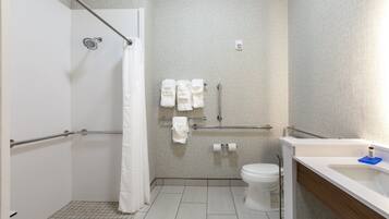 Un bagno con doccia, toilette e lavandino.