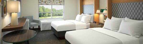 A hotel room with two beds, a desk, a chair, a lamp, and a window with a view of greenery.