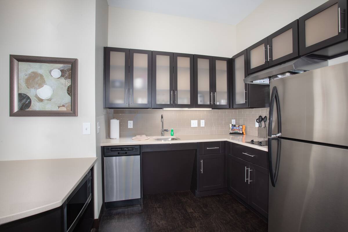 A modern kitchen with dark cabinets, stainless steel appliances, and a dishwasher.