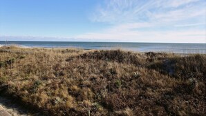 A coastal landscape with dry grass and a clear sky.