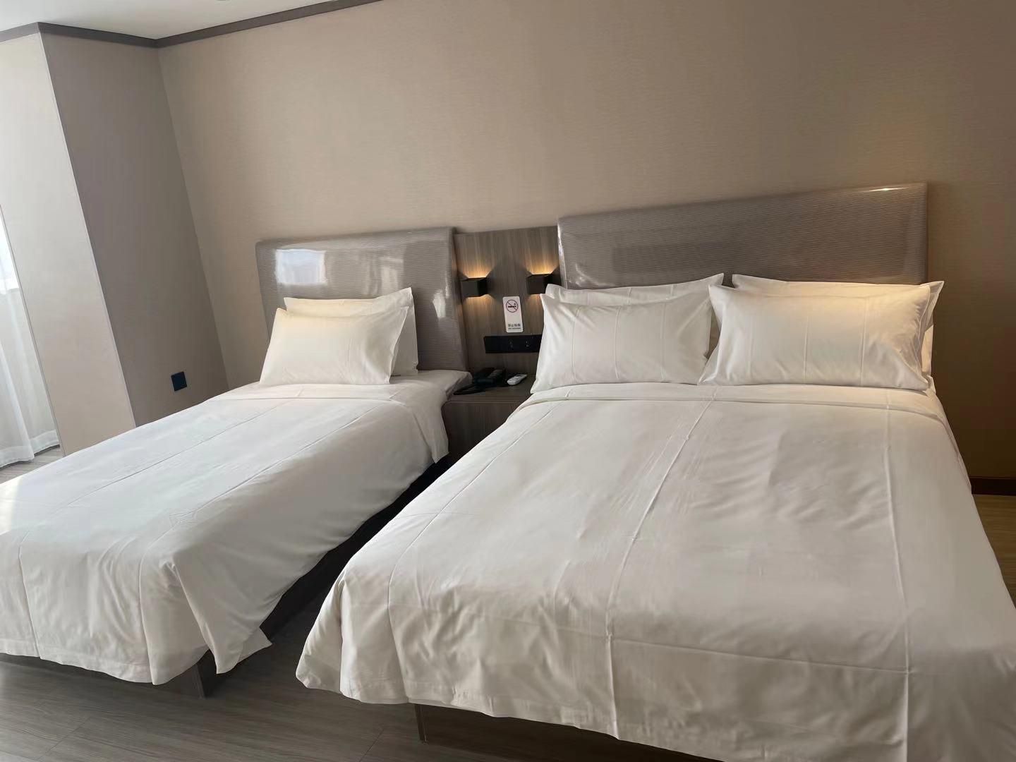 Una habitación de hotel con dos camas individuales, una mesita de noche y una lámpara de pared.