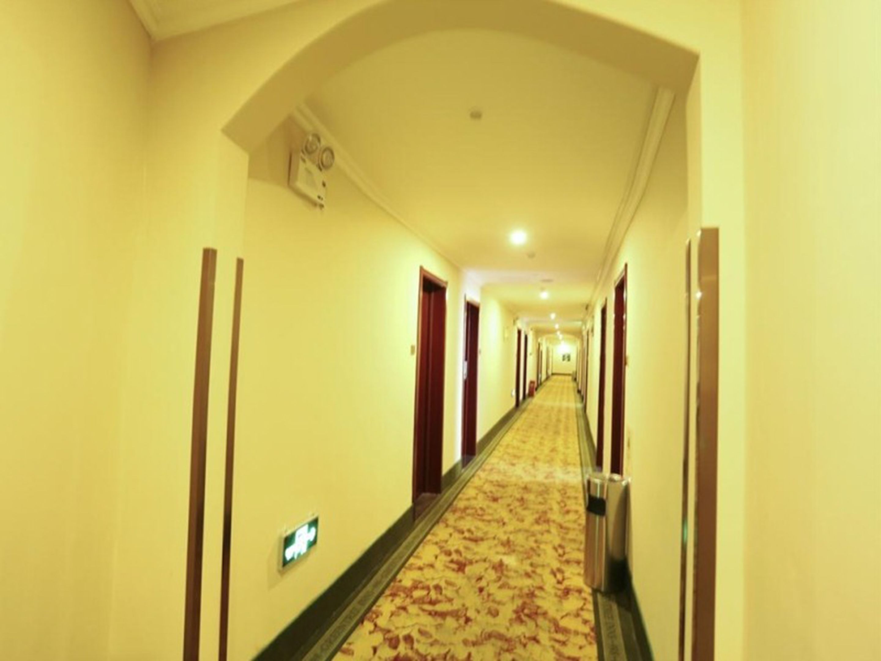 Un pasillo de hotel con piso alfombrado, puertas a ambos lados y un lámpara en el techo.