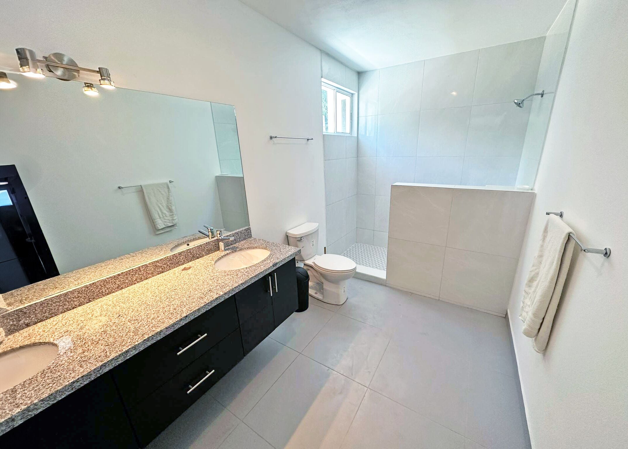 A modern bathroom with a large mirror, two sinks, a toilet, and a shower area.