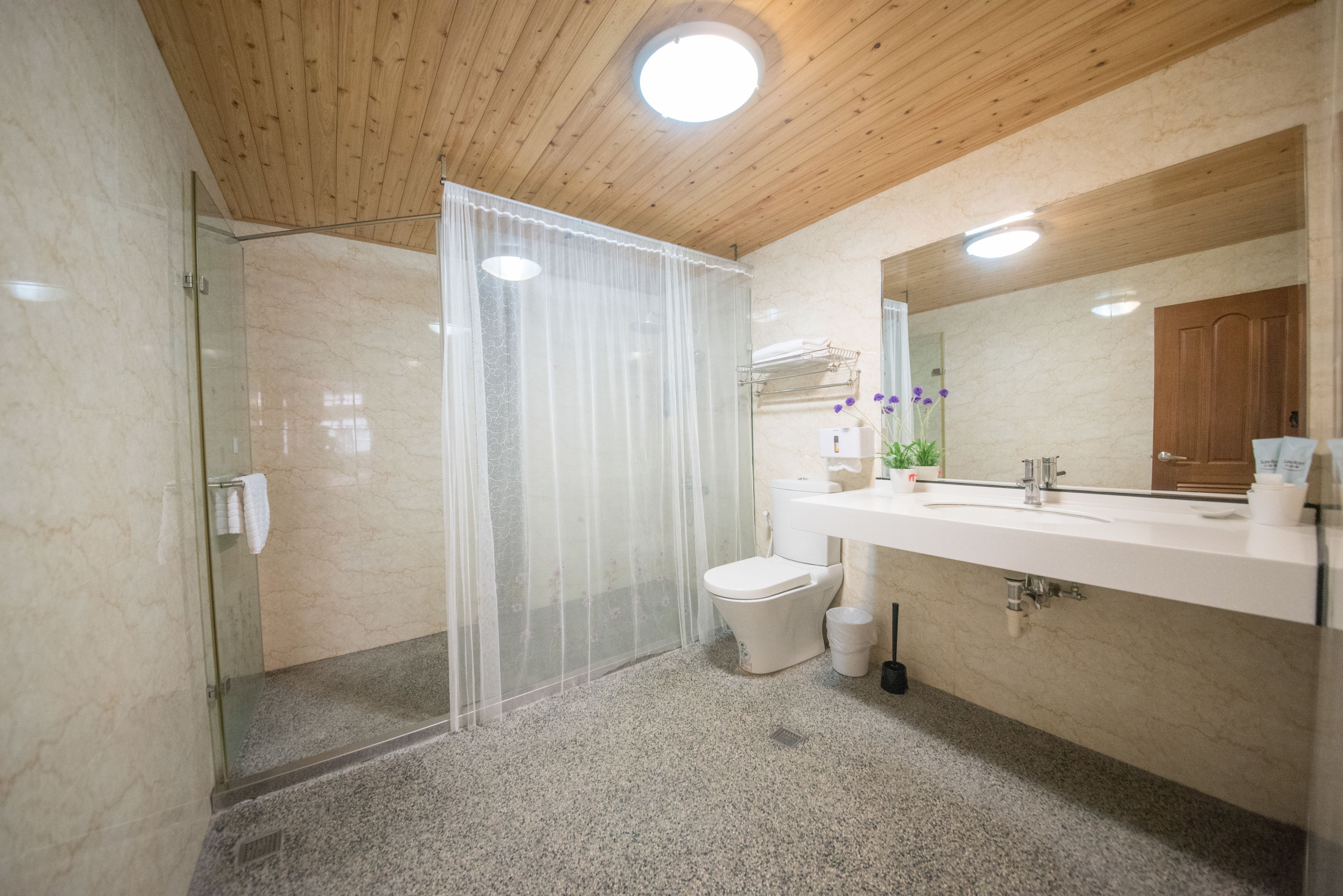A modern bathroom with a glass shower enclosure, a toilet, a sink with a mirror, and a wooden ceiling.