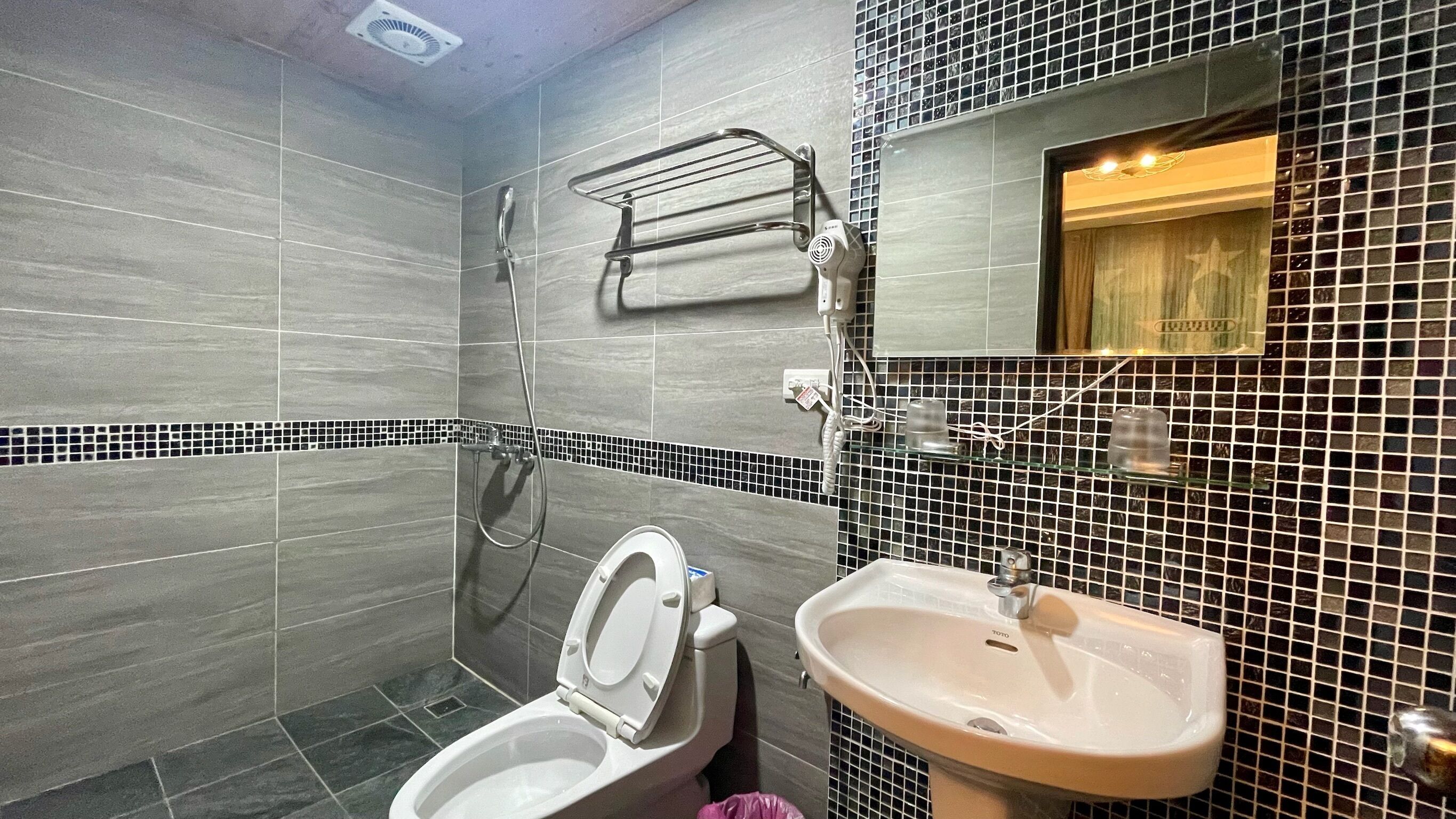 A bathroom with a toilet, a sink, a shower, and a mirror.