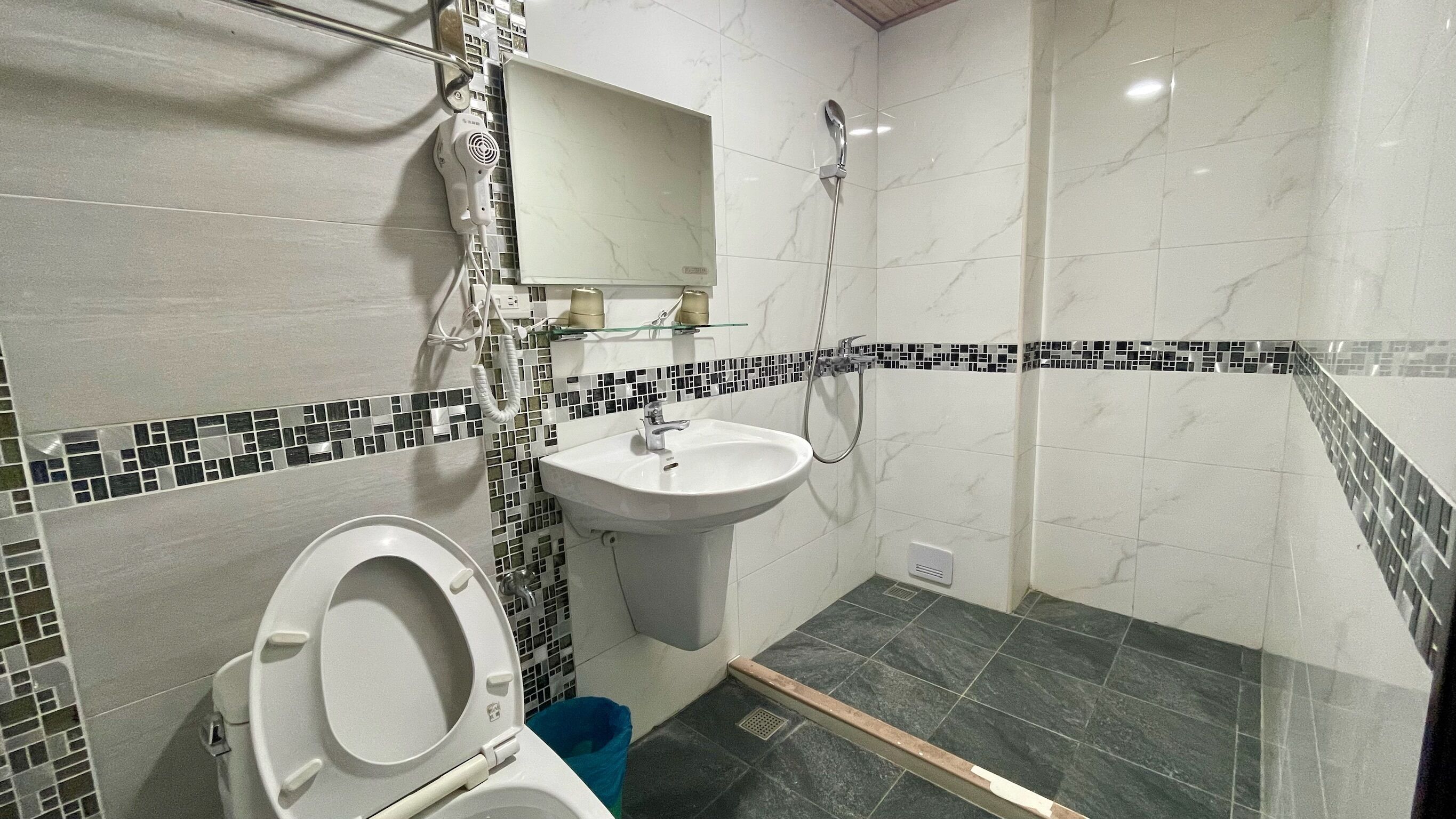 A bathroom with a toilet, sink, and shower.