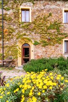 A stone building with ivy-covered walls, a central arched doorway, and a small table outside.