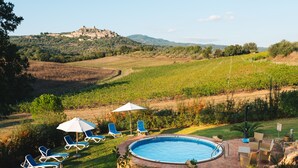 Piscina con sillas de descanso y sombrillas, rodeada por un patio de ladrillo y vegetación.