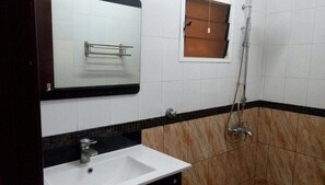 Shower, free toiletries, hair dryer, towels