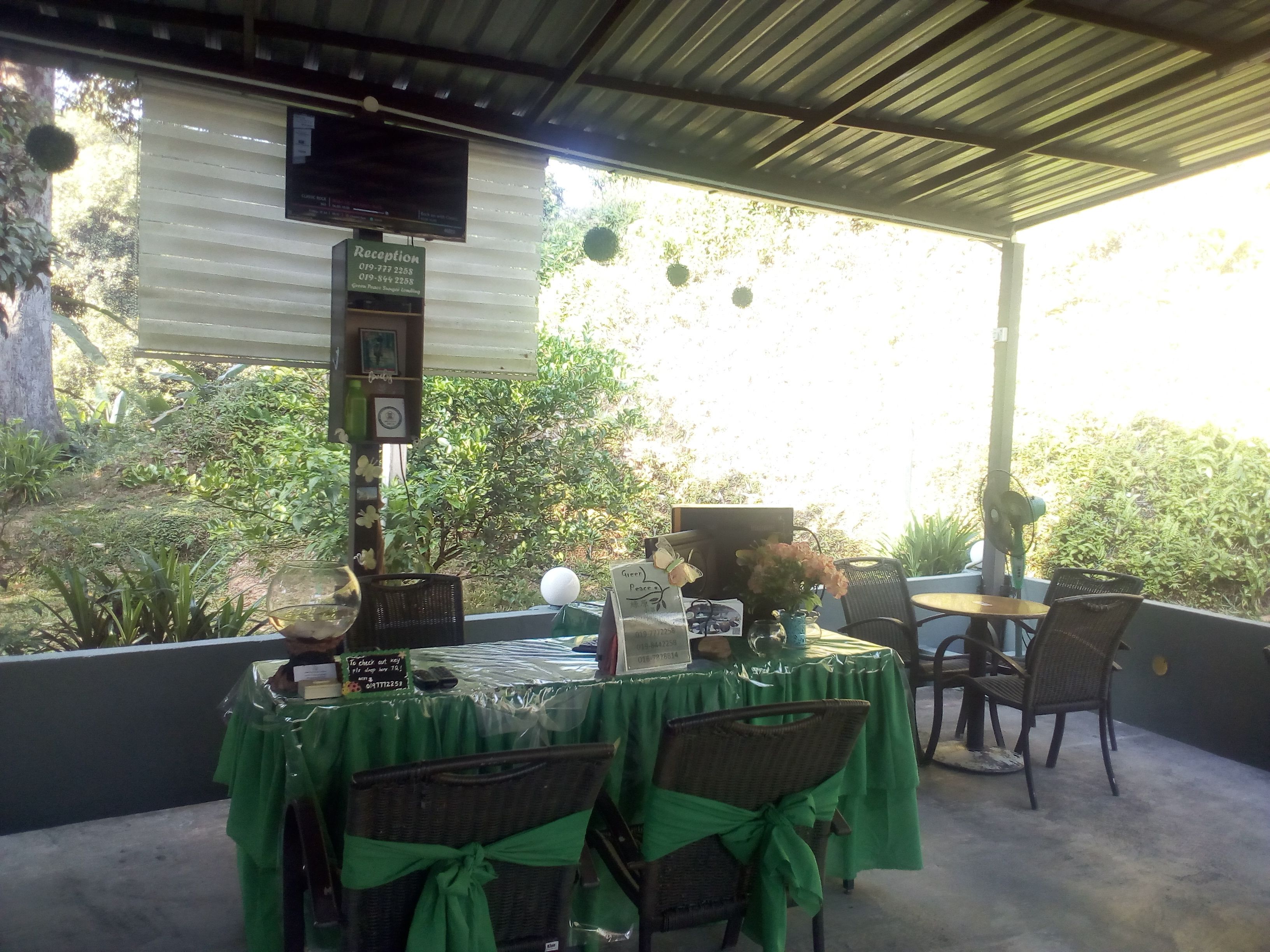 Un área de estar al aire libre con mesas cubiertas de manteles verdes, sillas de mimbre y un mostrador de recepción con un televisor.