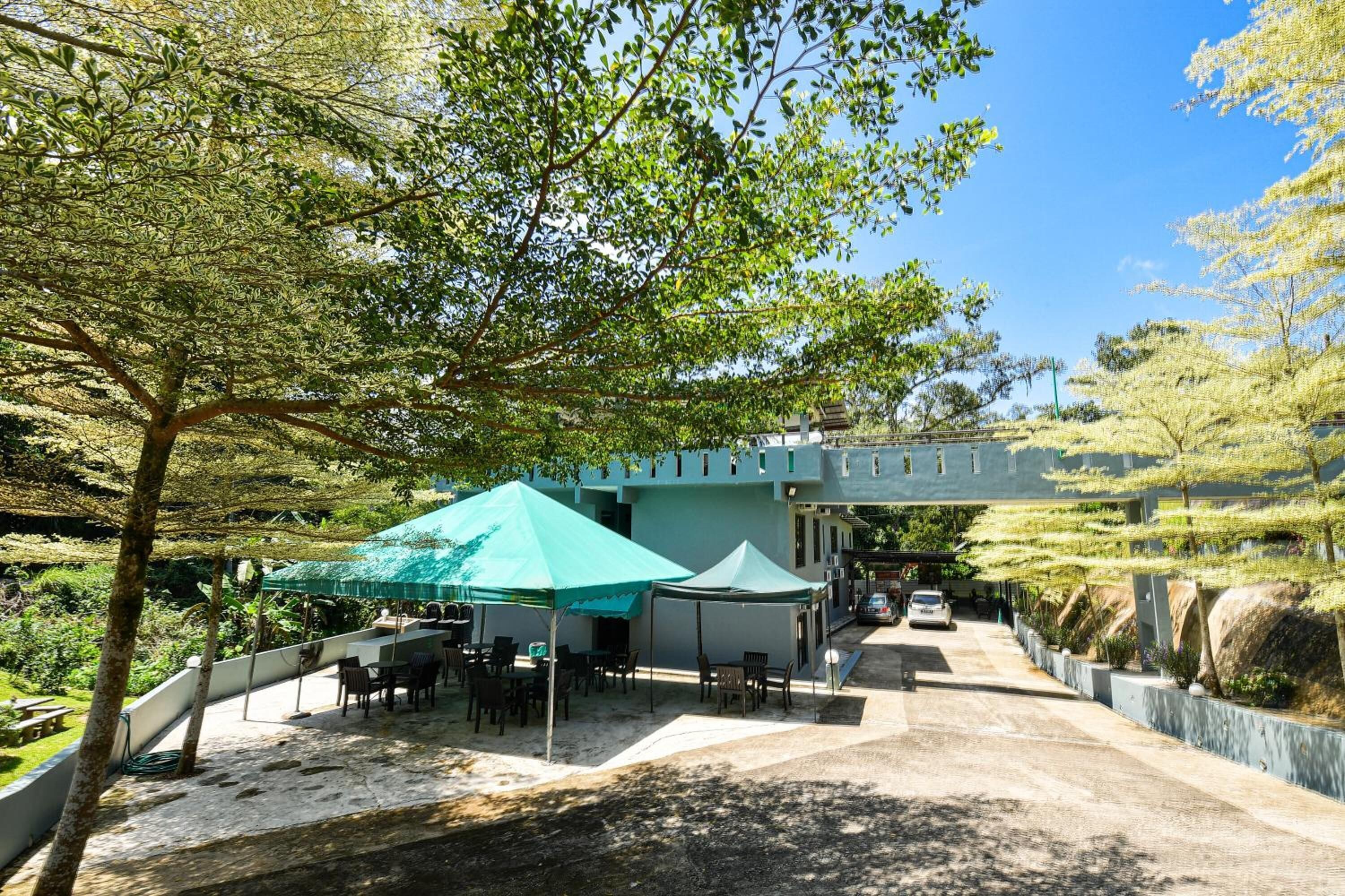 A building with outdoor seating under green canopies, a paved pathway, and a bridge in the background.