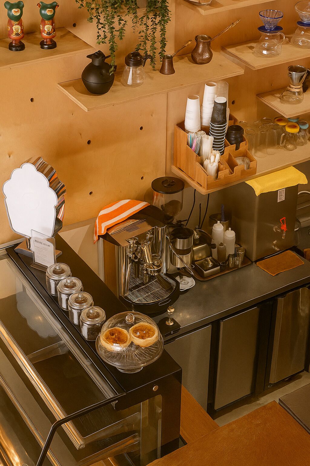 A coffee station with a coffee machine, cups, and a mirror.