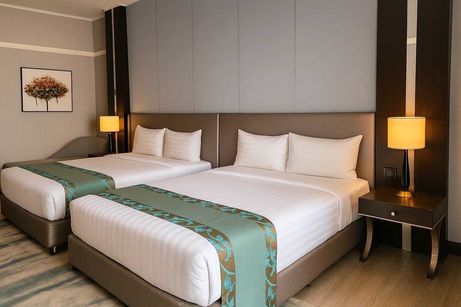 A hotel room with two beds, a nightstand, a lamp, and a framed picture on the wall.