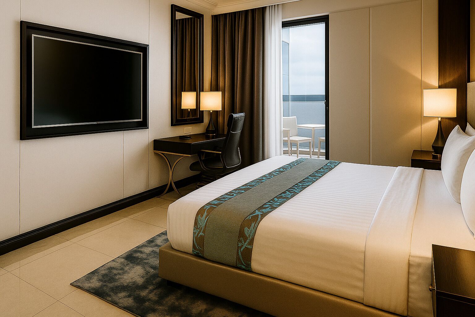 A hotel room with a large bed, a desk, a chair, a TV, and a view of the sea.