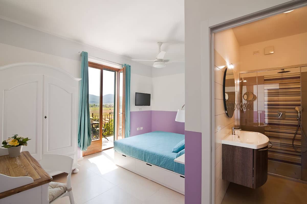 Een slaapkamer met een bed, een televisie, een balkon met gordijnen, een badkamer met wastafel en spiegel, en een deur.
