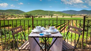 Une table dressée pour deux personnes, avec de l’assiette blanche, des tasses et un verre d’eau, donnant sur un vignoble.