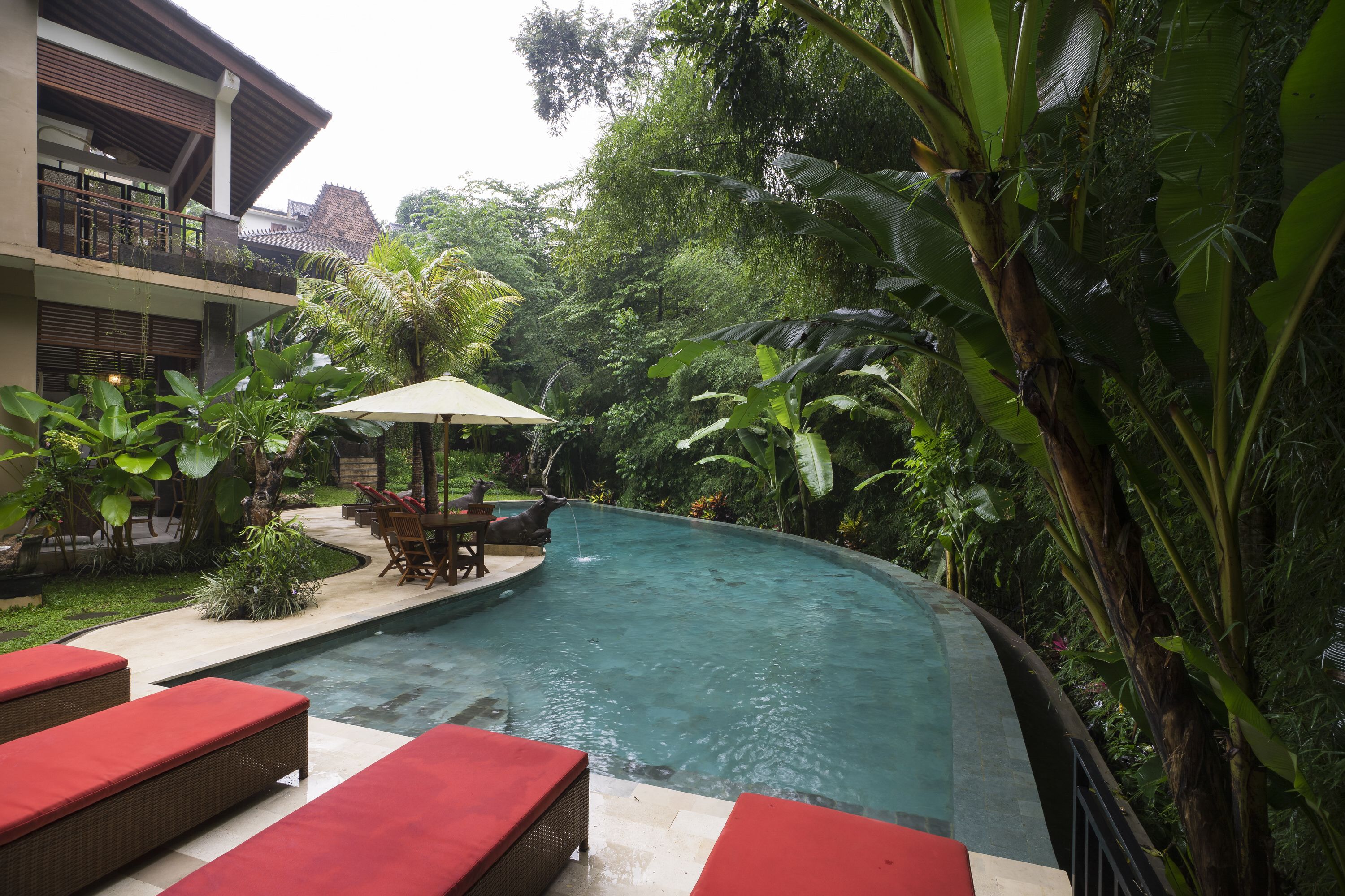A swimming pool with a curved design, surrounded by lush greenery and a patio area with red cushioned lounge chairs and a table.