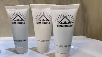 Shower, free toiletries, hair dryer, towels