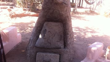 Un árbol con un rostro de piedra tallado y una placa que dice "BABOOM PIZZA".