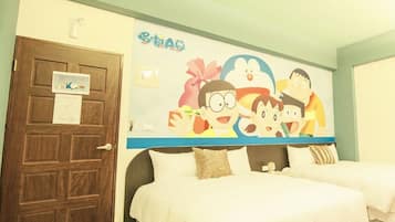 A hotel room with a large bed, two pillows, a wooden door, and a wall mural.