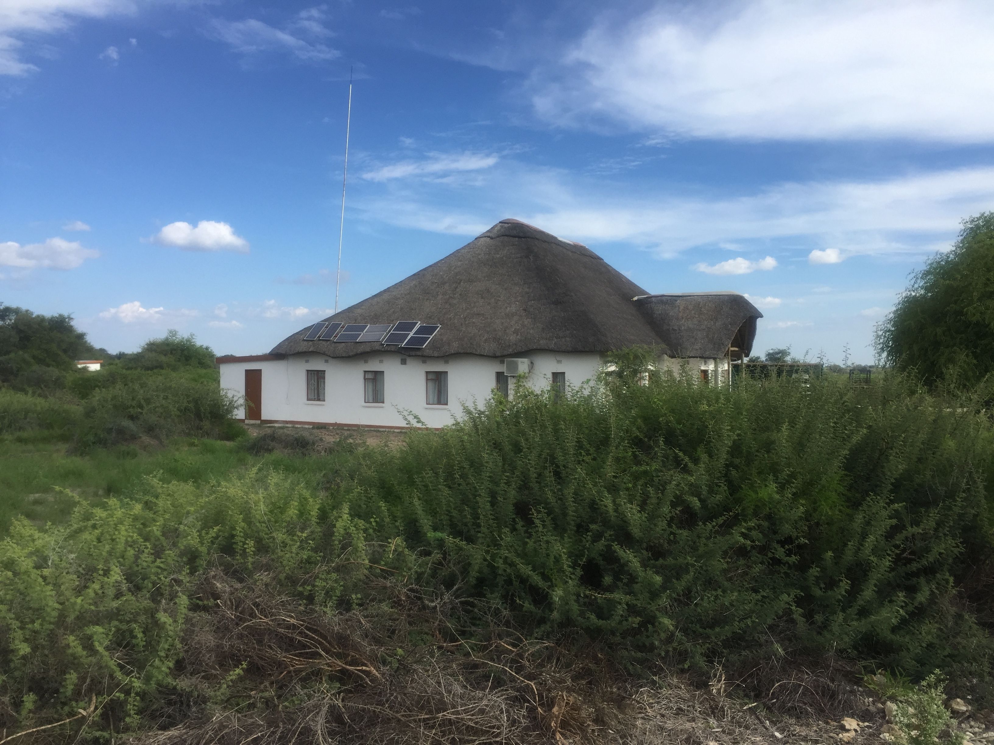 A house with a thatched roof and solar panels on the roof.