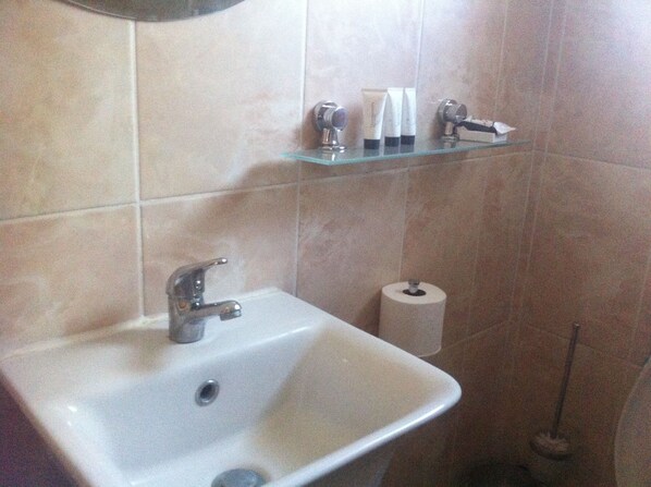 Un baño con lavamanos, papel higiénico y artículos de aseo en un estante.