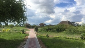 Un sendero pavimentado atraviesa una zona ajardinada con césped y arbustos, con un gran árbol a la izquierda y un montículo en la distancia.