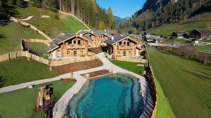 A chalet-style building with a swimming pool, surrounded by a wooden fence and set in a mountainous landscape. - Chaletdorf Auszeit (Huettschlag)