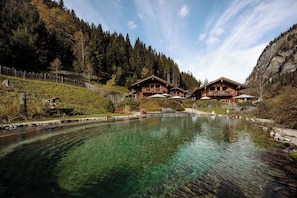 A mountain lodge with a clear pool, wooden cabins, and a forested backdrop. - Chaletdorf Auszeit (Huettschlag)