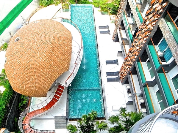 A pool area with a large, circular, woven structure and a straight pool.