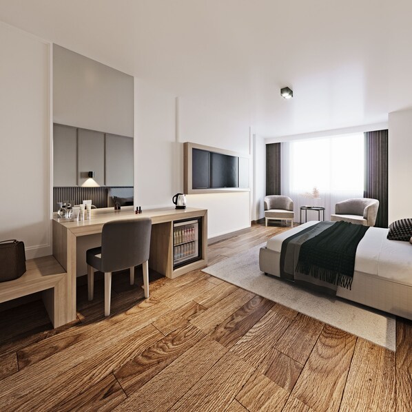 A modern hotel room with a wooden floor, a desk with a chair, a bed with a blanket, a TV mounted on the wall, and a window with curtains. - Silivri Park Hotel (Silivri)
