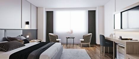 Une chambre d’hôtel moderne équipée d’un lit, d’un bureau, de deux chaises, d’une petite table et d’une grande fenêtre.