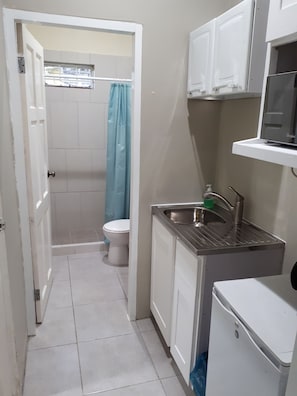 Fridge, microwave, cookware/dishes/utensils