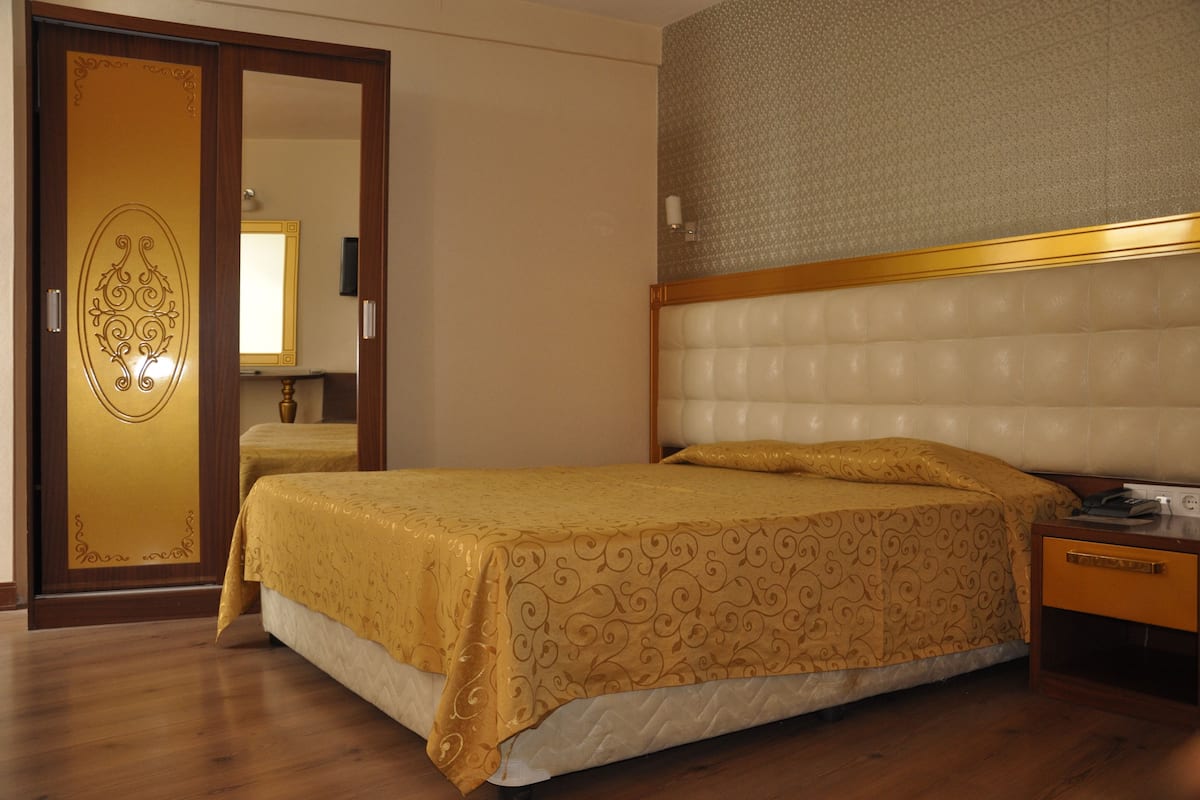 A hotel room with a bed, a nightstand, a wooden door with a mirror, and a patterned wall.