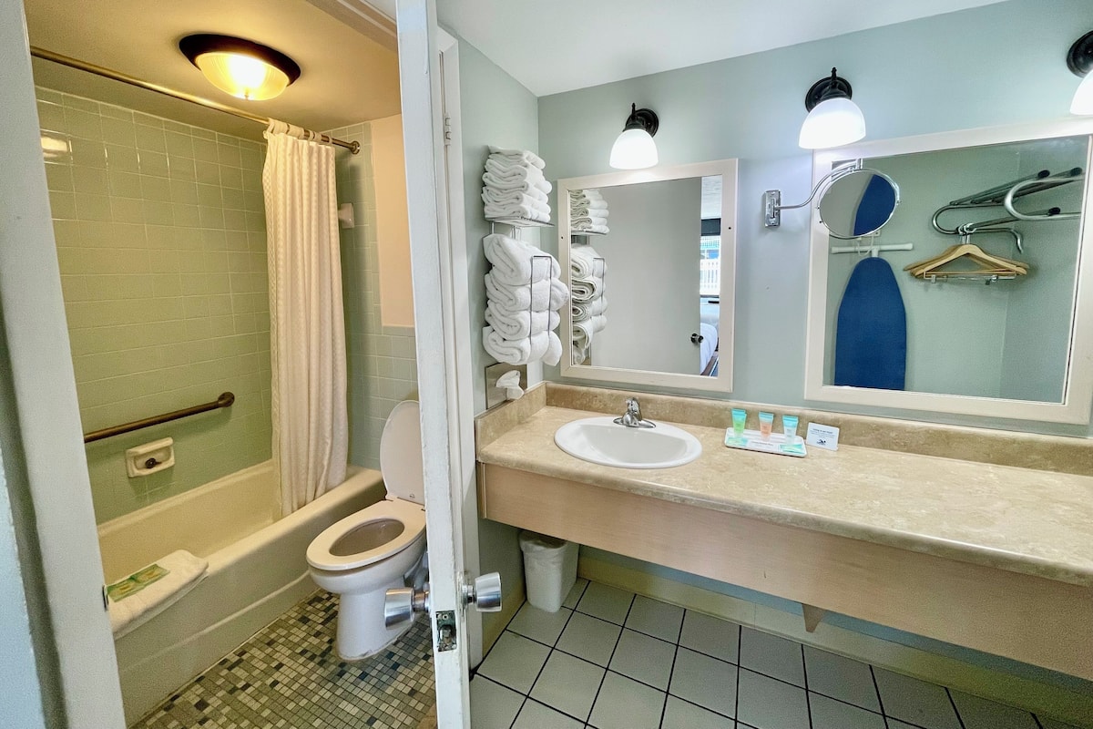 Bañera con ducha, artículos de tocador gratuitos, secador de pelo