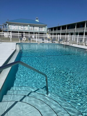 Outdoor pool, open 9 AM to 8:00 PM, sun loungers