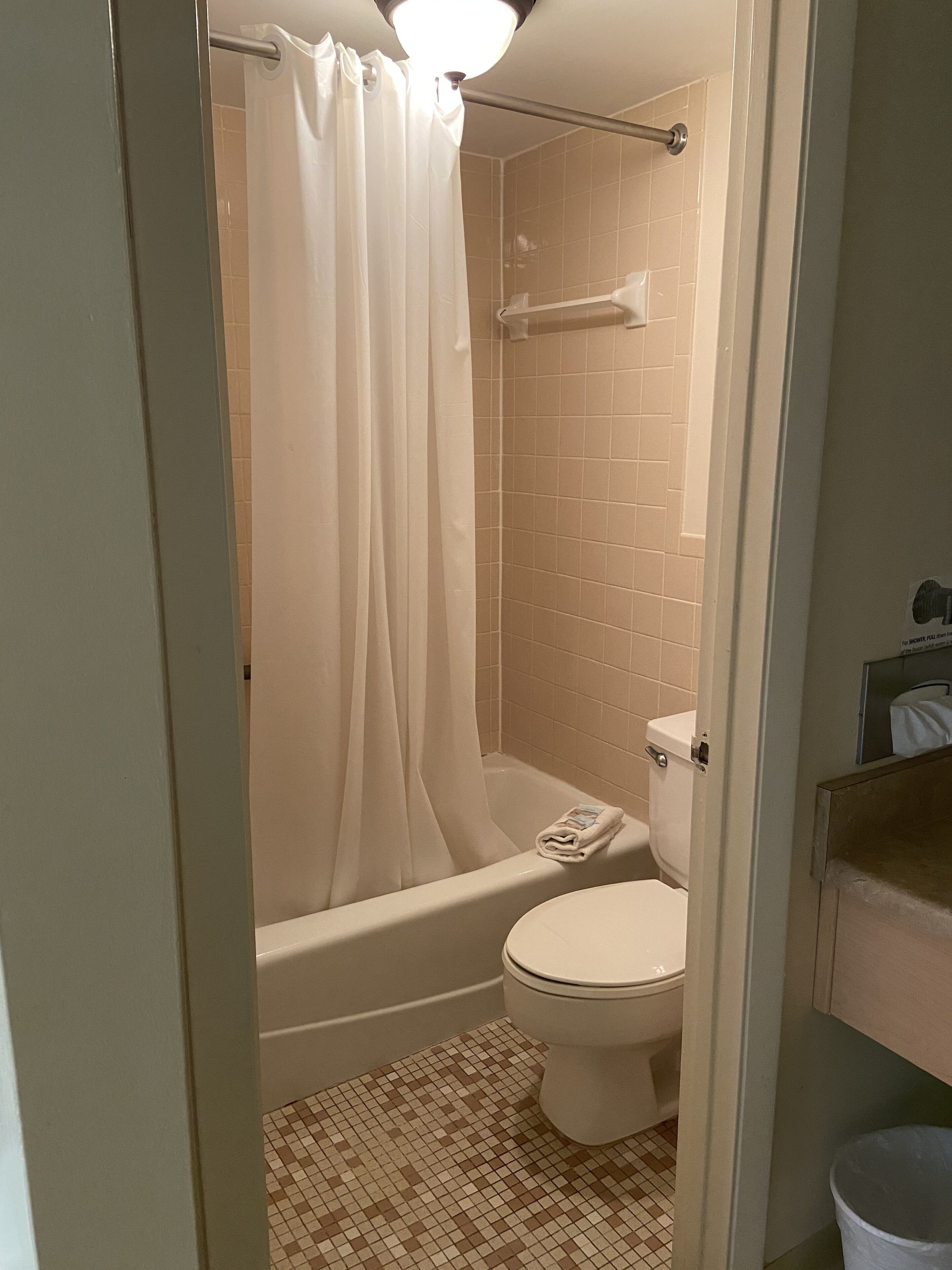 Une salle de bain avec douche, toilettes et carrelage au sol.