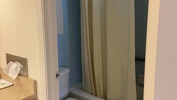 A bathroom with a toilet, a sink, and a shower area.