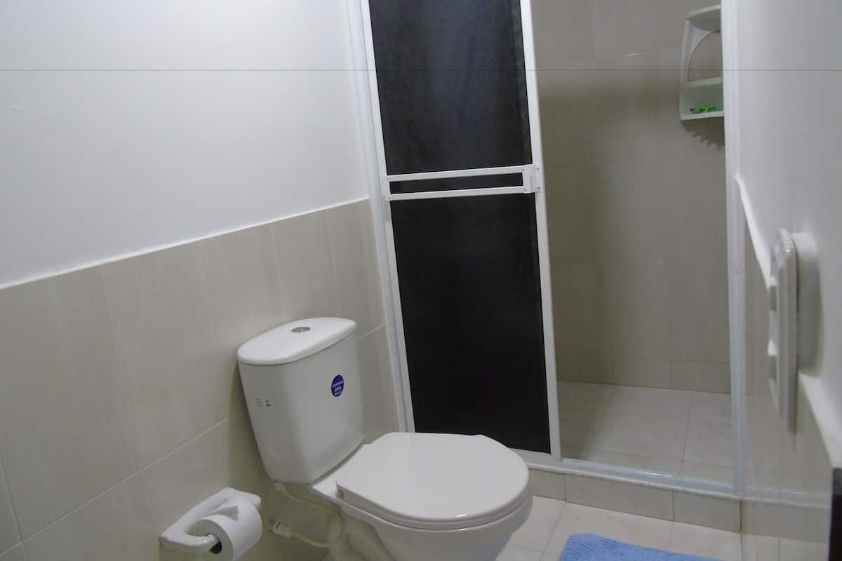 Shower, free toiletries, towels