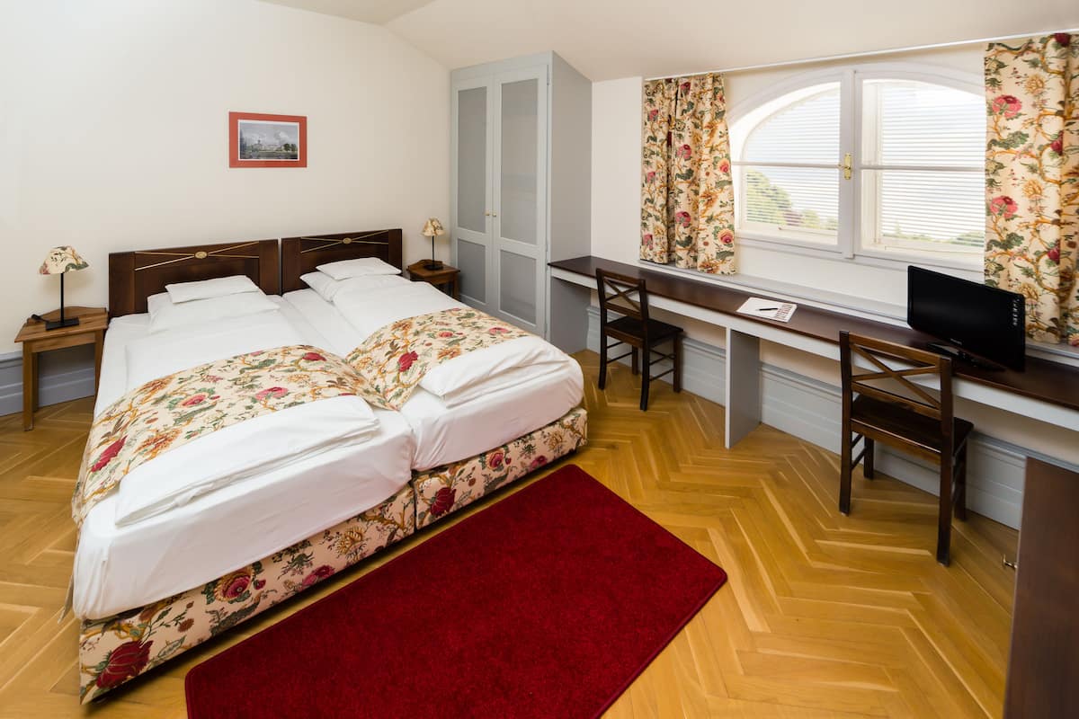 Un dormitorio con cama, escritorio y televisión.