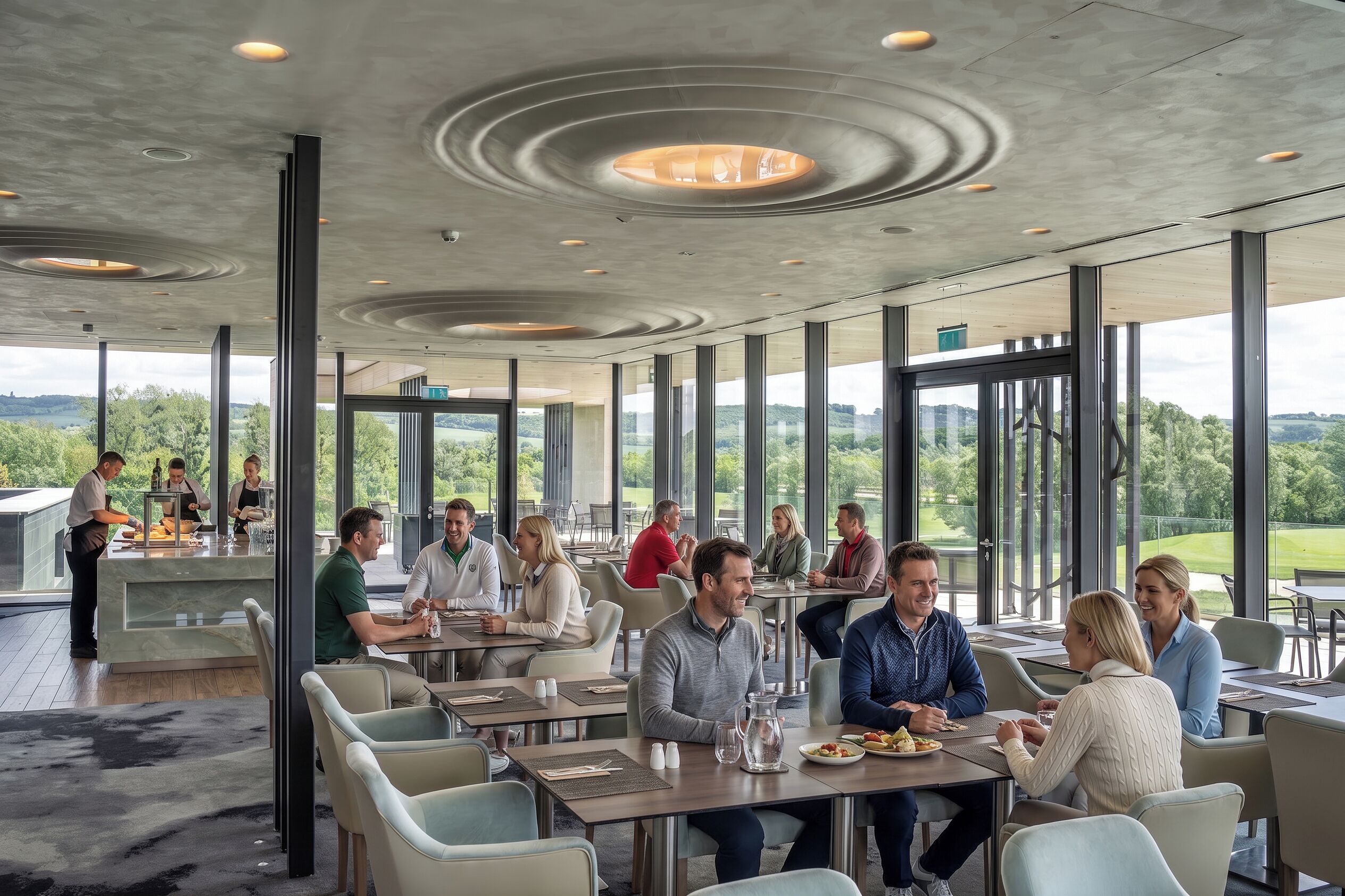 Un espace repas moderne doté de grandes fenêtres, d’un bar et offrant une vue sur l’extérieur.
