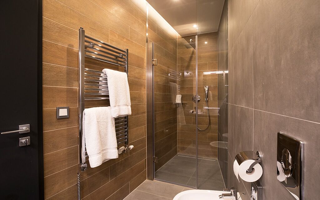 Een moderne badkamer met een douche met glazen wand, een handdoekhouder en een toiletrolhouder.