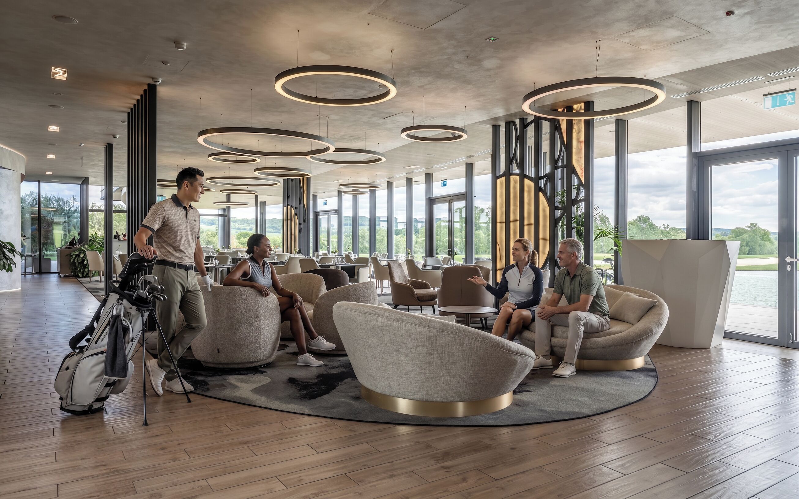 A modern interior with circular ceiling lights, comfortable seating, and large windows offering a view.