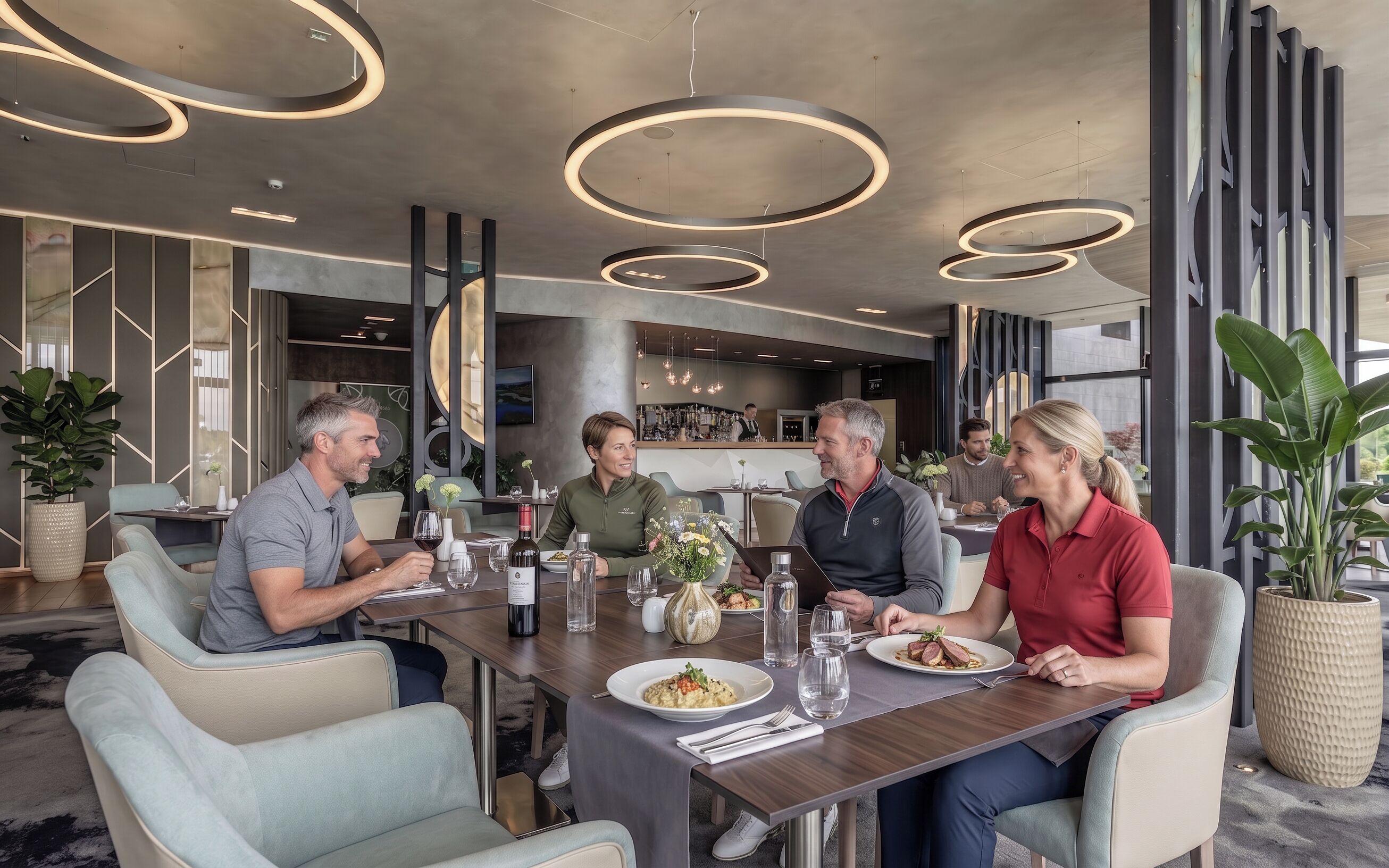 Un comedor moderno con una mesa larga, múltiples sillas y lámparas circulares en el techo.