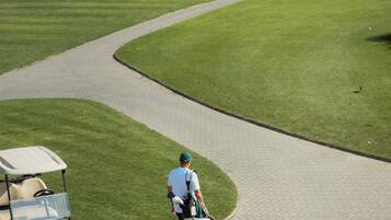 Un campo de golf con un estanque, senderos peatonales y carritos de golf.