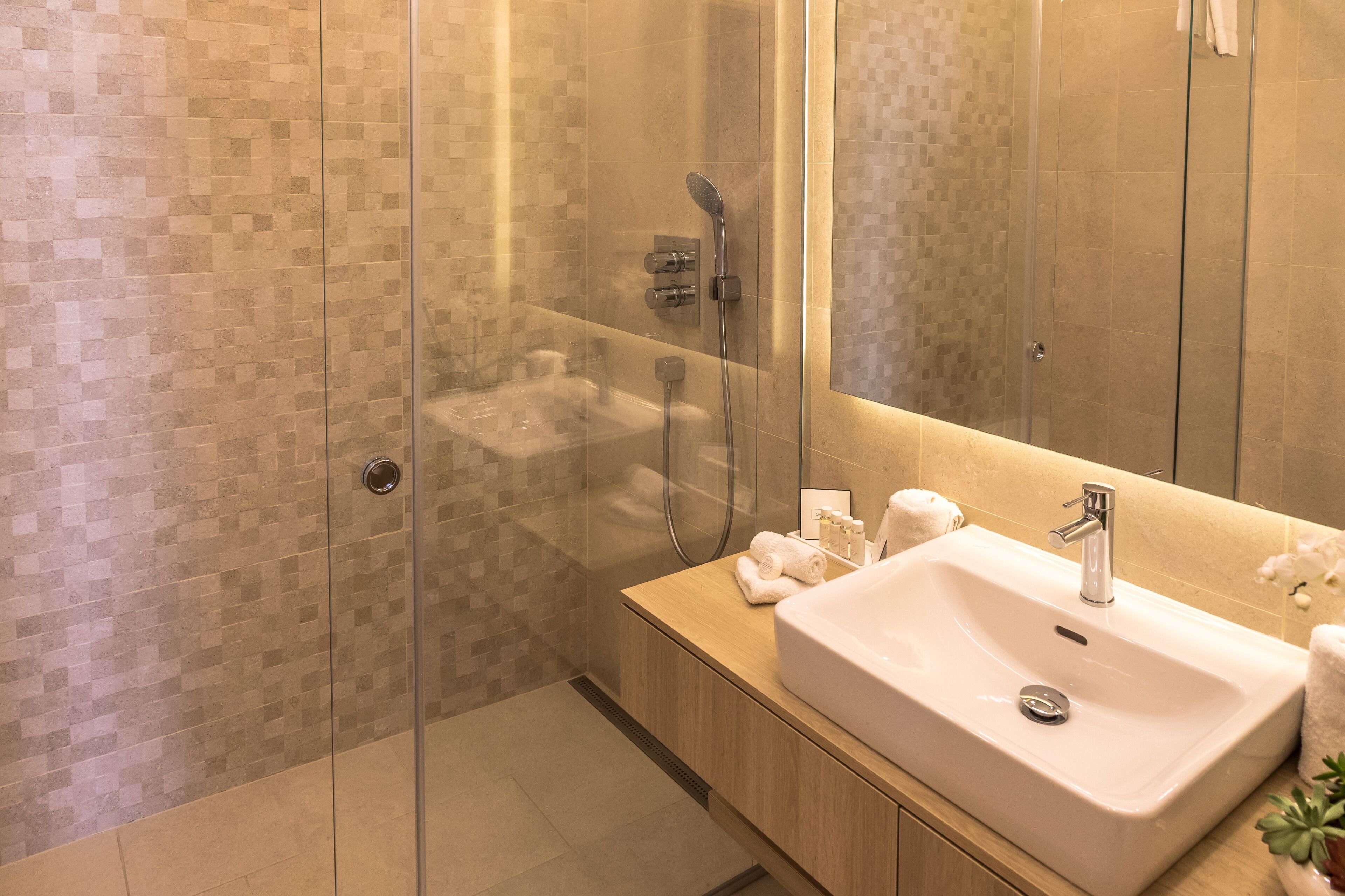 A modern bathroom with a glass-enclosed shower, a large sink, and a mirror.